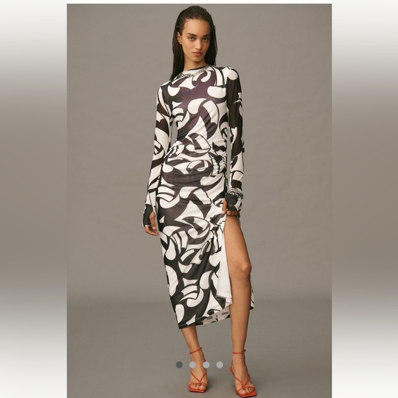 Anthropologie NWT Farm Rio Long-Sleeve Mock-Neck Mesh Slim Midi Dress size M - Picture 3 of 16